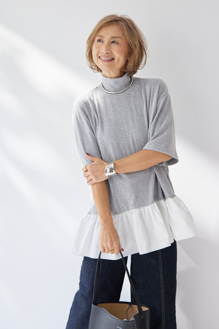 布帛ペプラム切替モックネックカットソー