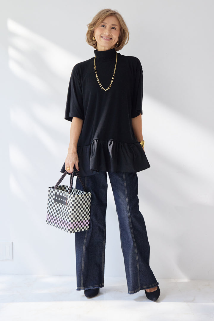 布帛ペプラム切替モックネックカットソー