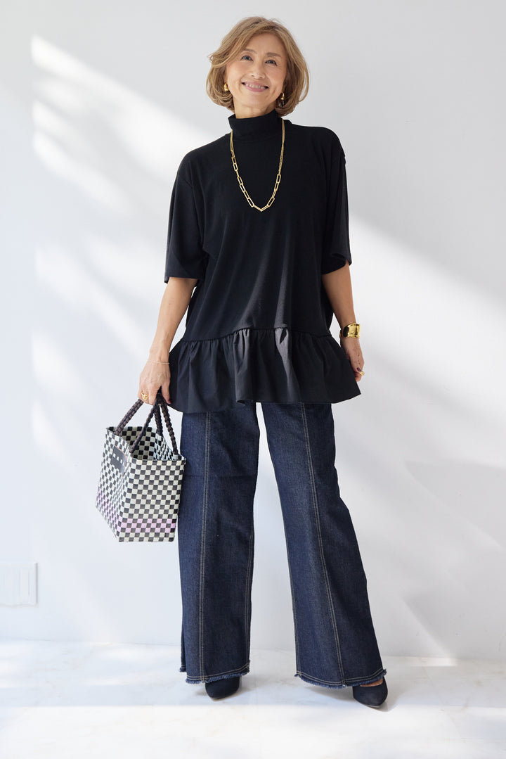 布帛ペプラム切替モックネックカットソー