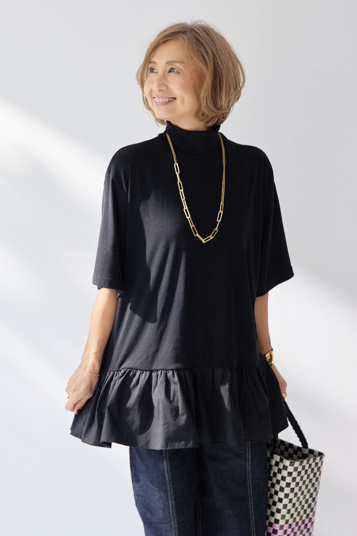 布帛ペプラム切替モックネックカットソー