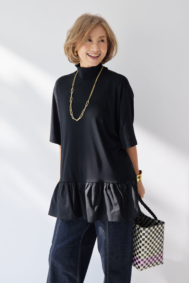 布帛ペプラム切替モックネックカットソー