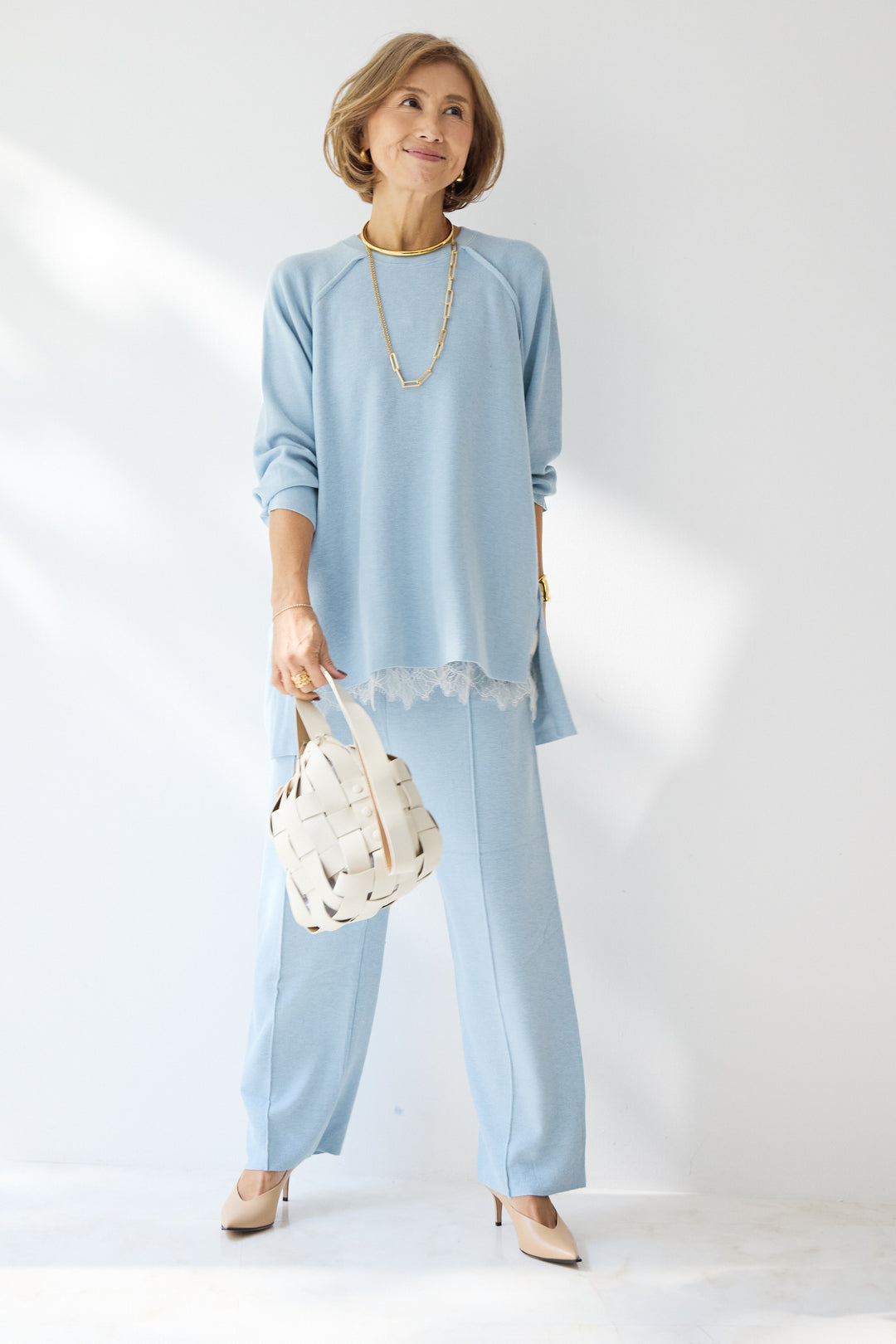 [SET]ラグランスリーブニットソーセットアップ+シルキーエリュール レースキャミソール(2set)