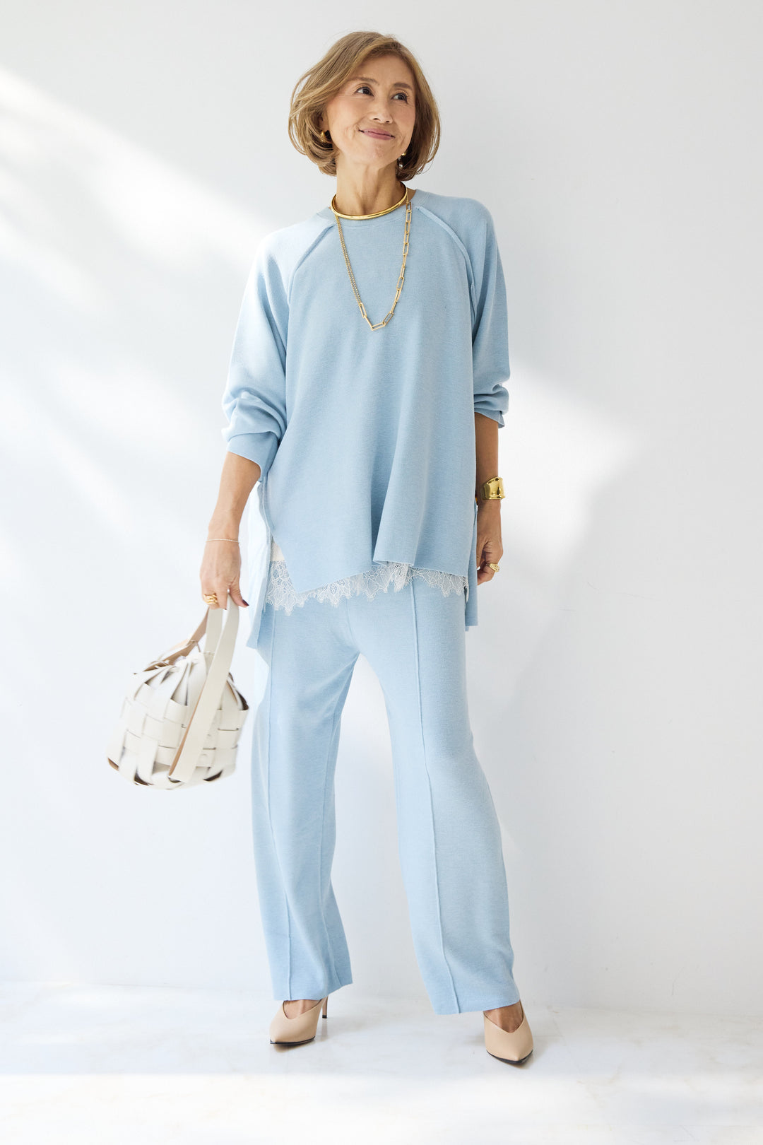 [SET]ラグランスリーブニットソーセットアップ+シルキーエリュール レースキャミソール(2set)