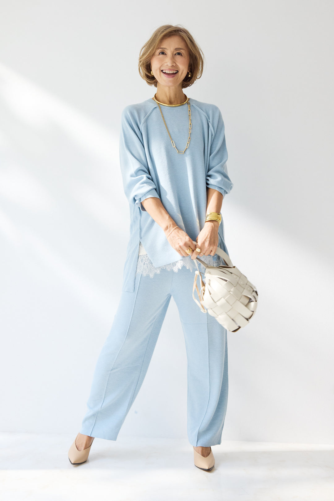 [SET]ラグランスリーブニットソーセットアップ+シルキーエリュール レースキャミソール(2set)