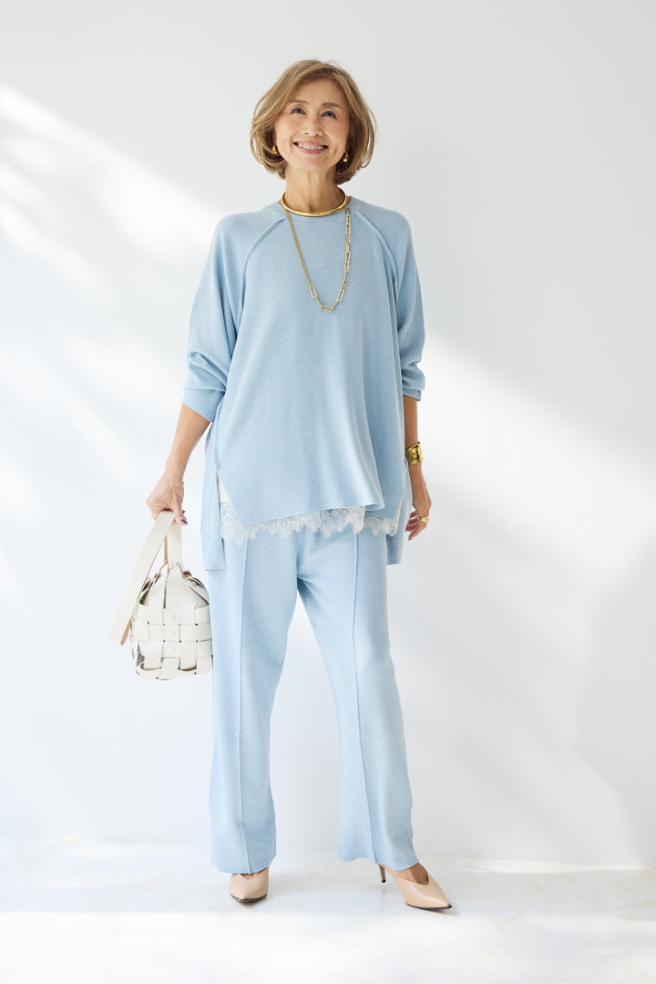 [SET]ラグランスリーブニットソーセットアップ+シルキーエリュール レースキャミソール(2set)