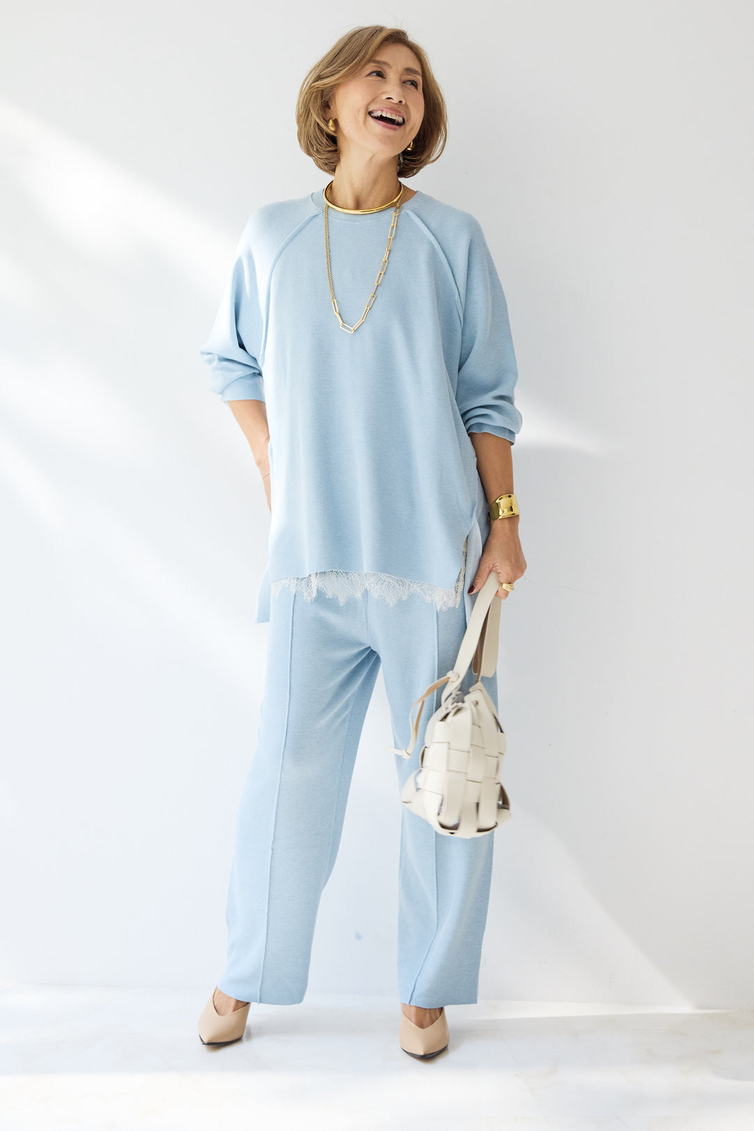 [SET]ラグランスリーブニットソーセットアップ+シルキーエリュール レースキャミソール(2set)