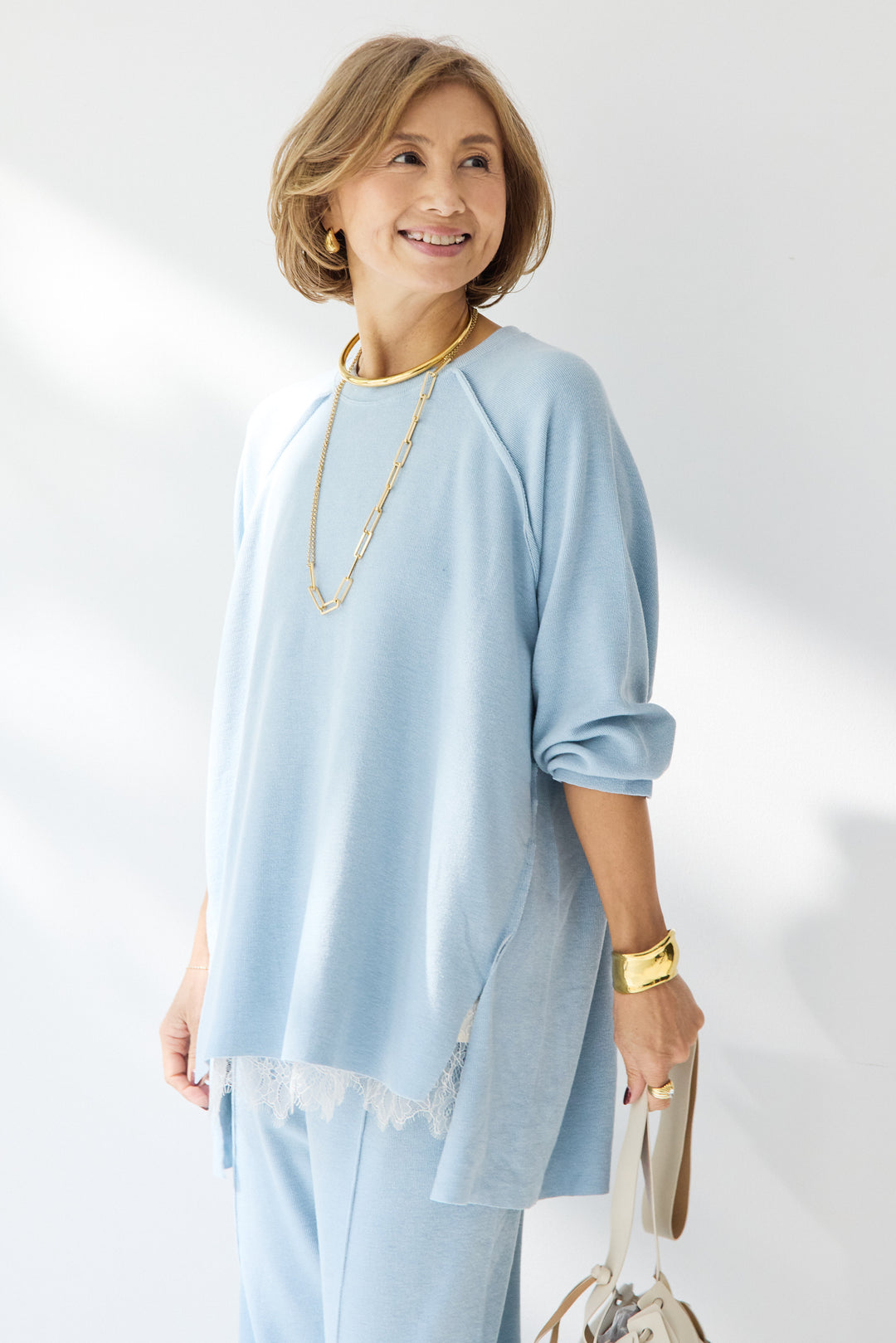 [SET]ラグランスリーブニットソーセットアップ+シルキーエリュール レースキャミソール(2set)