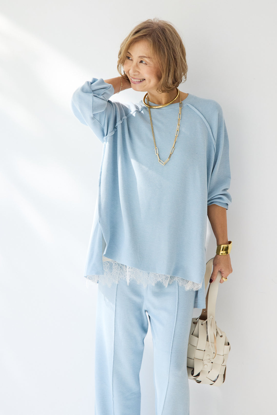 [SET]ラグランスリーブニットソーセットアップ+シルキーエリュール レースキャミソール(2set)