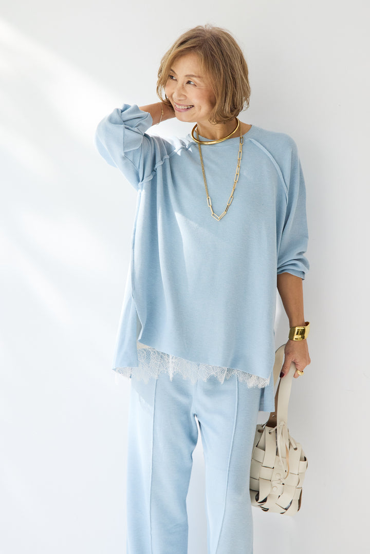 [SET]ラグランスリーブニットソーセットアップ+シルキーエリュール レースキャミソール(2set)