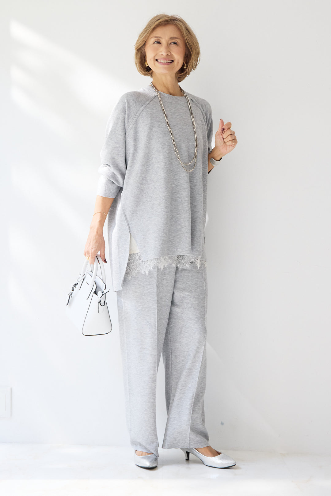 [SET]ラグランスリーブニットソーセットアップ+シルキーエリュール レースキャミソール(2set)