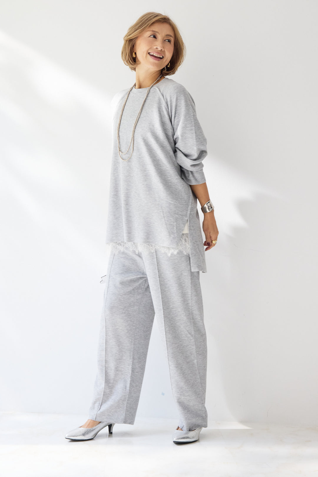 [SET]ラグランスリーブニットソーセットアップ+シルキーエリュール レースキャミソール(2set)