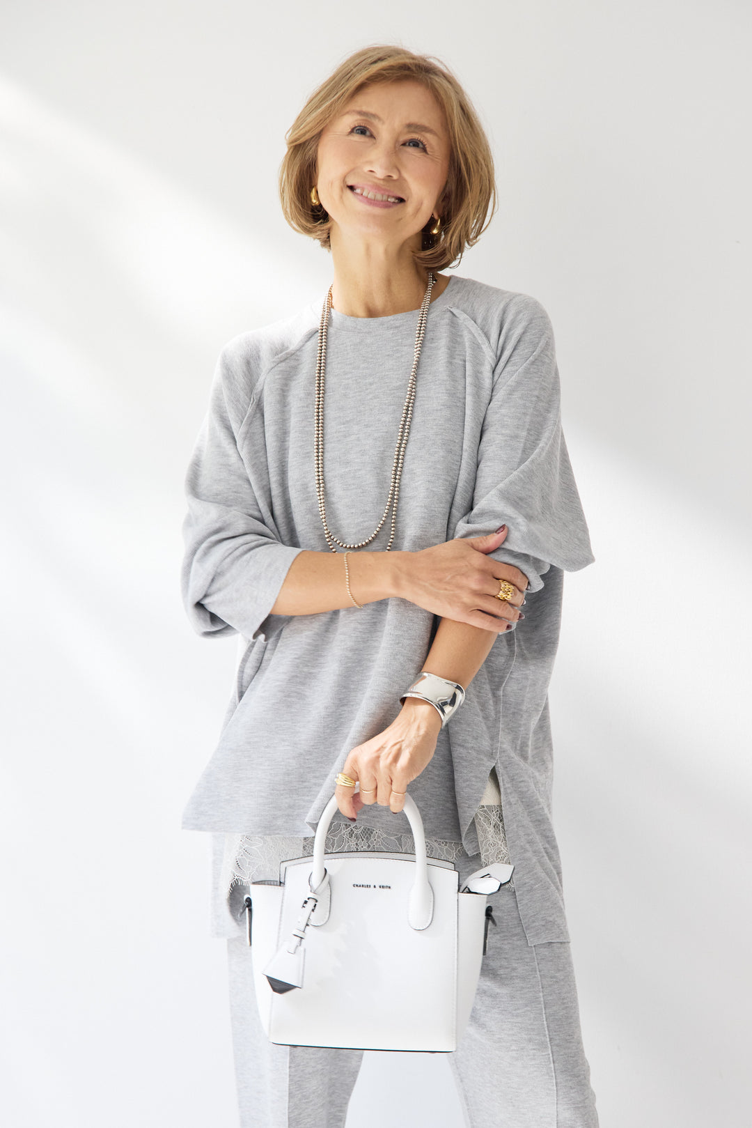 [SET]ラグランスリーブニットソーセットアップ+シルキーエリュール レースキャミソール(2set)