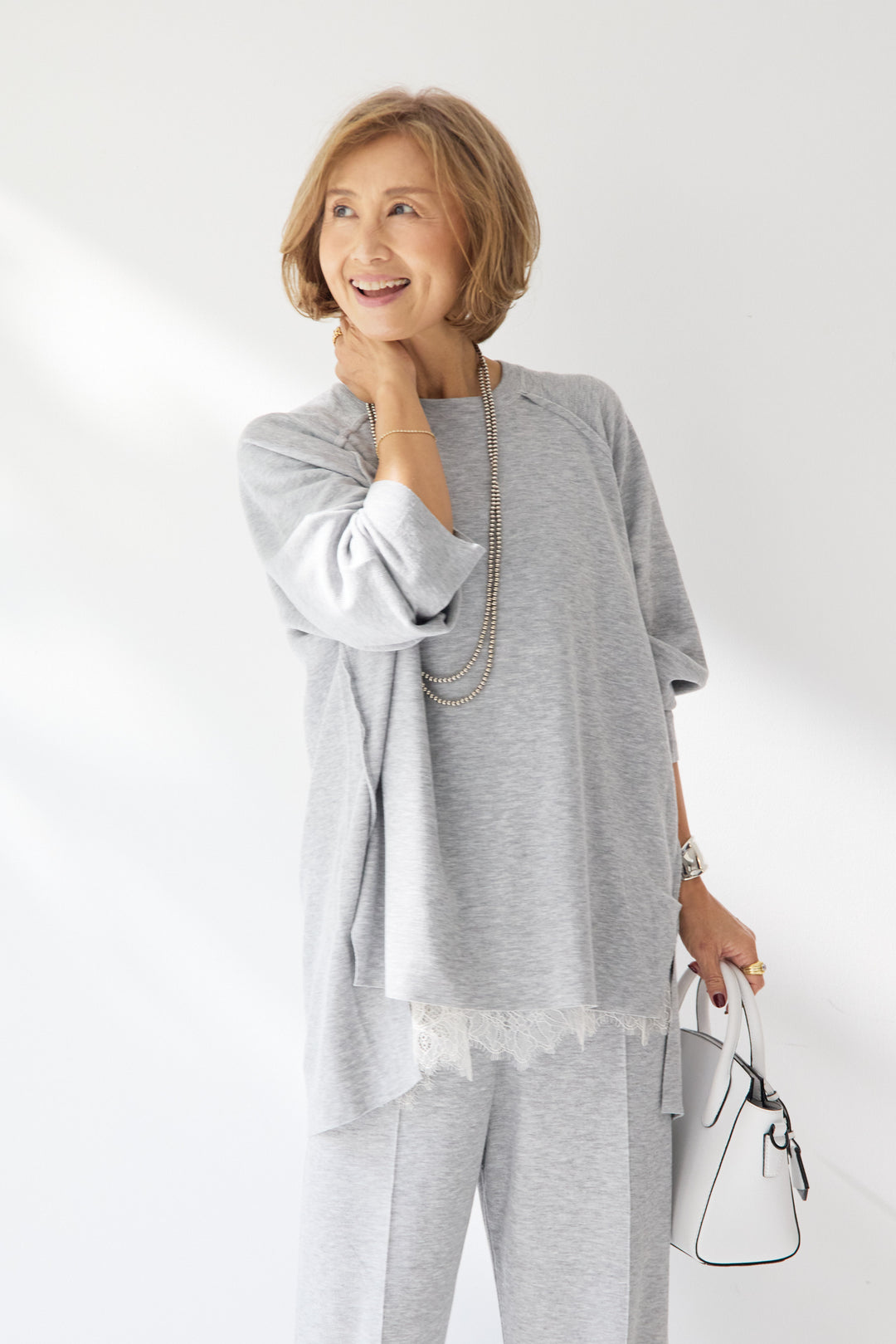 [SET]ラグランスリーブニットソーセットアップ+シルキーエリュール レースキャミソール(2set)