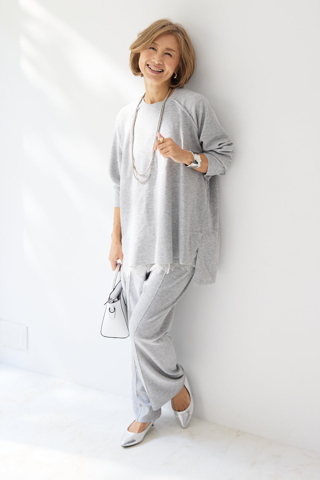 [SET]ラグランスリーブニットソーセットアップ+シルキーエリュール レースキャミソール(2set)