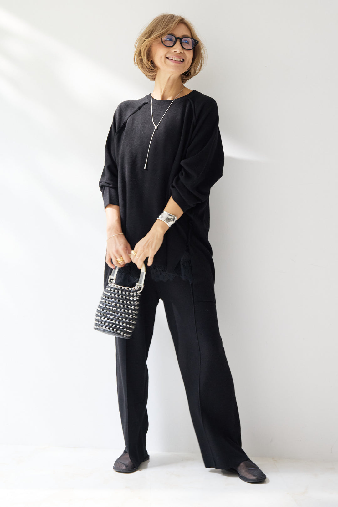 [SET]ラグランスリーブニットソーセットアップ+シルキーエリュール レースキャミソール(2set)