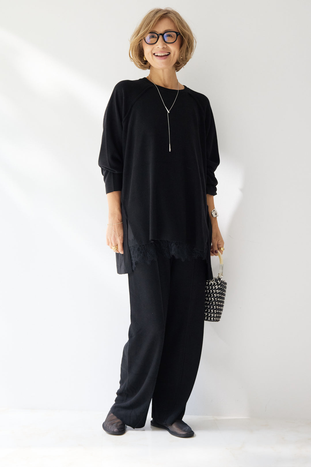 [SET]ラグランスリーブニットソーセットアップ+シルキーエリュール レースキャミソール(2set)