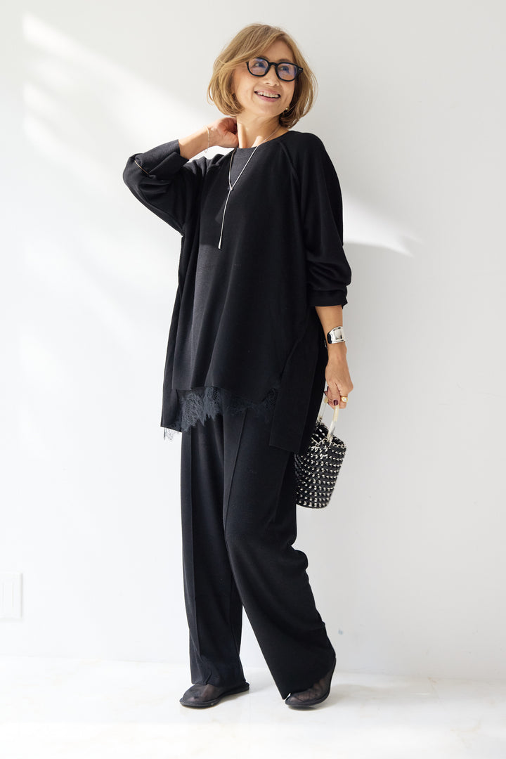 [SET]ラグランスリーブニットソーセットアップ+シルキーエリュール レースキャミソール(2set)