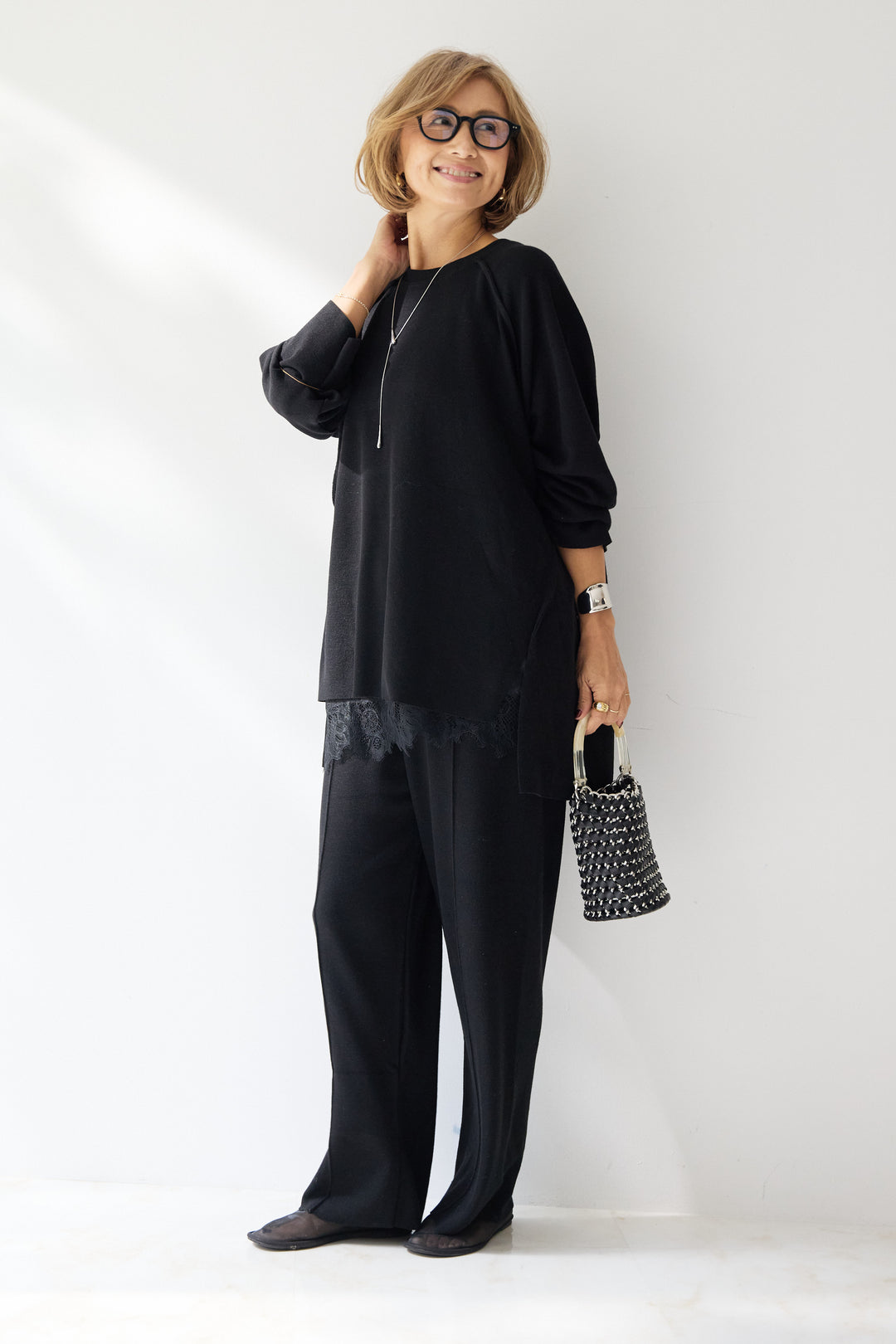 [SET]ラグランスリーブニットソーセットアップ+シルキーエリュール レースキャミソール(2set)