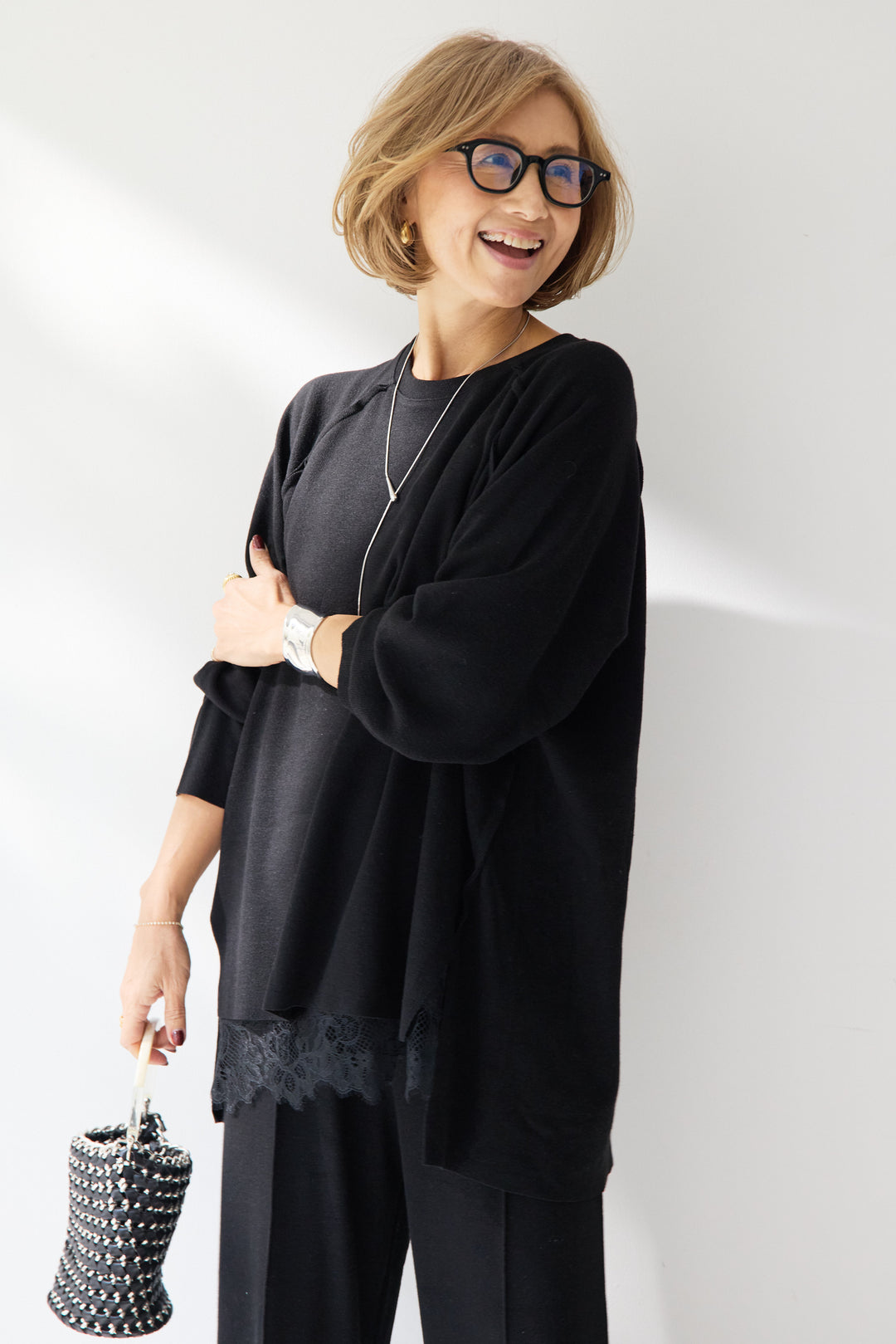 [SET]ラグランスリーブニットソーセットアップ+シルキーエリュール レースキャミソール(2set)