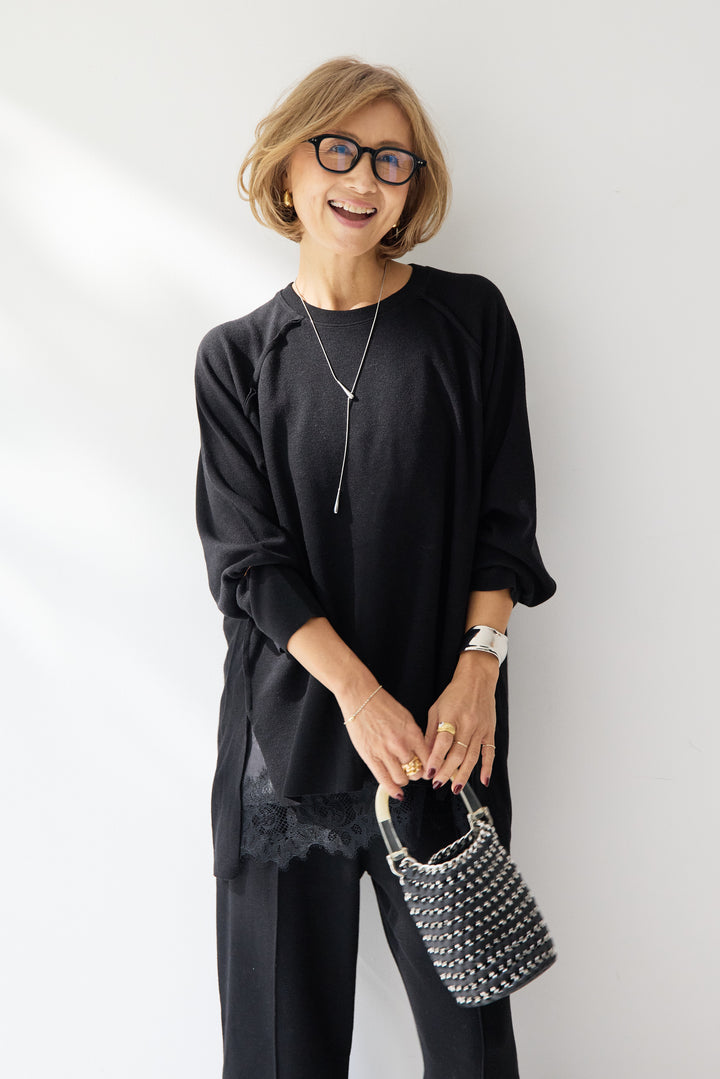 [SET]ラグランスリーブニットソーセットアップ+シルキーエリュール レースキャミソール(2set)