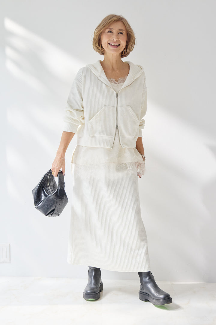 [SET]ソフトリブ フーディー+スカートセット+シルキーエリュール レースキャミソール(2set)