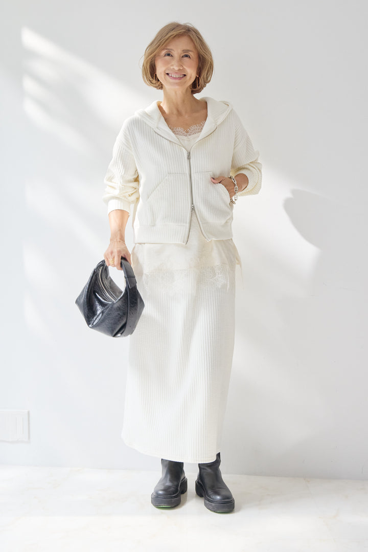 [SET]ソフトリブ フーディー+スカートセット+シルキーエリュール レースキャミソール(2set)