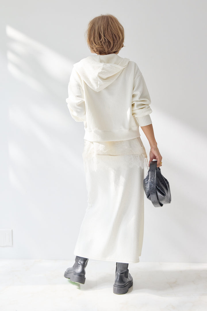 [SET]ソフトリブ フーディー+スカートセット+シルキーエリュール レースキャミソール(2set)