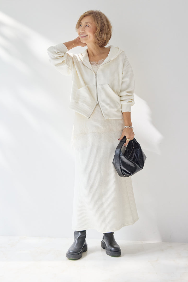 [SET]ソフトリブ フーディー+スカートセット+シルキーエリュール レースキャミソール(2set)