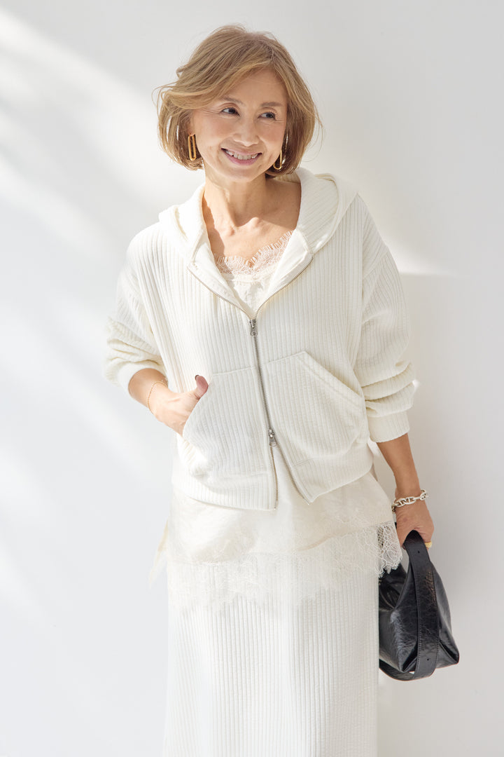 [SET]ソフトリブ フーディー+スカートセット+シルキーエリュール レースキャミソール(2set)