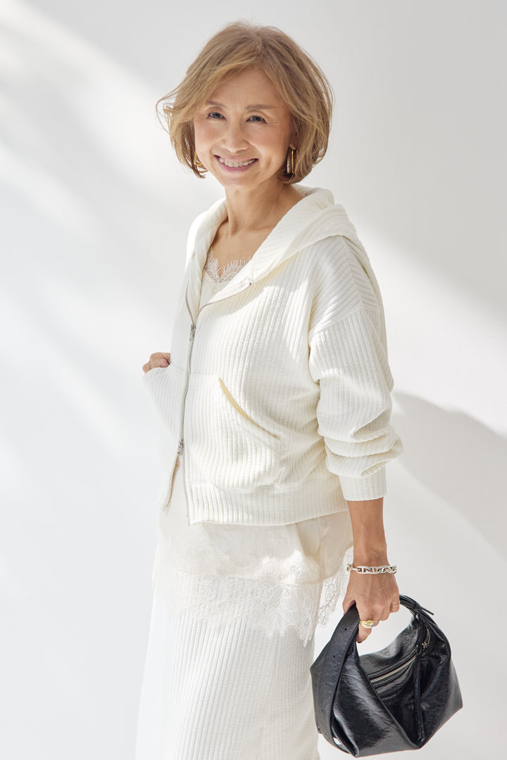 [SET]ソフトリブ フーディー+スカートセット+シルキーエリュール レースキャミソール(2set)