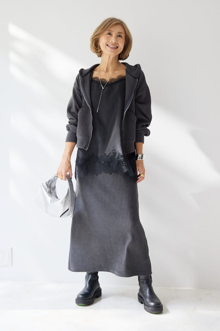 [SET]ソフトリブ フーディー+スカートセット+シルキーエリュール レースキャミソール(2set)