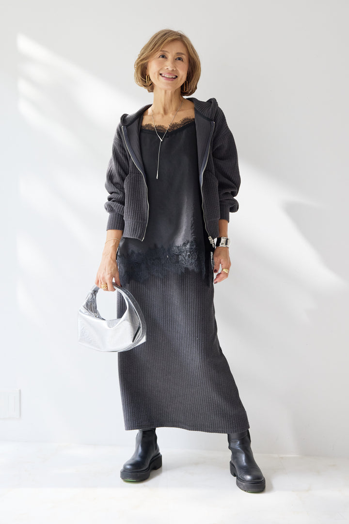 [SET]ソフトリブ フーディー+スカートセット+シルキーエリュール レースキャミソール(2set)