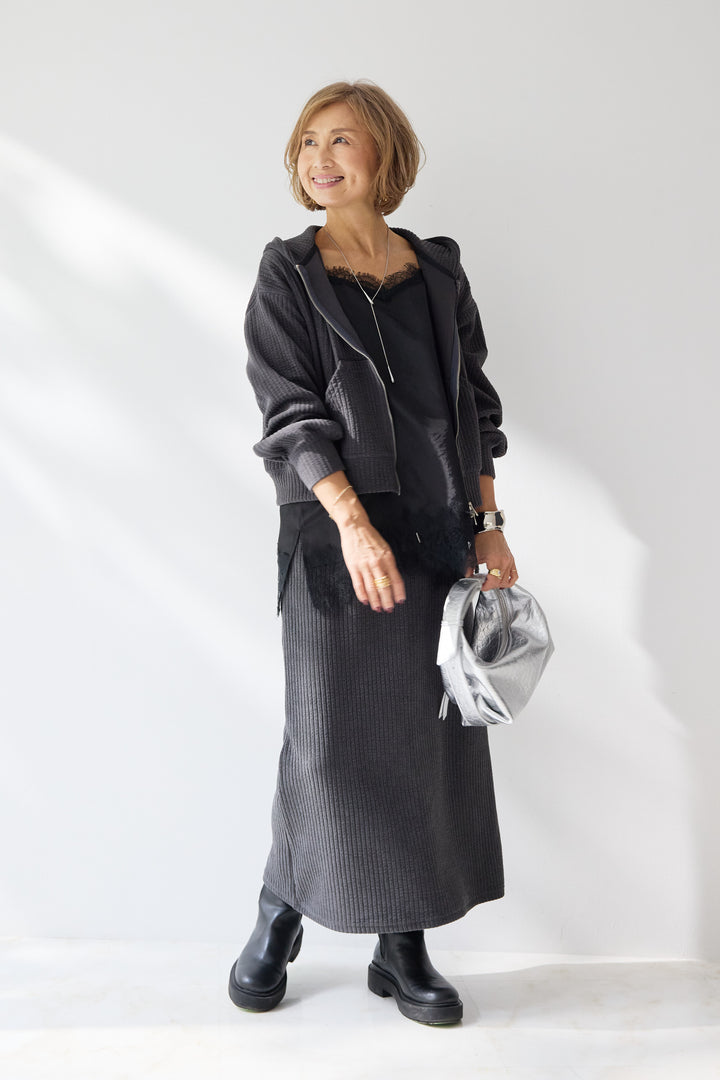 [SET]ソフトリブ フーディー+スカートセット+シルキーエリュール レースキャミソール(2set)