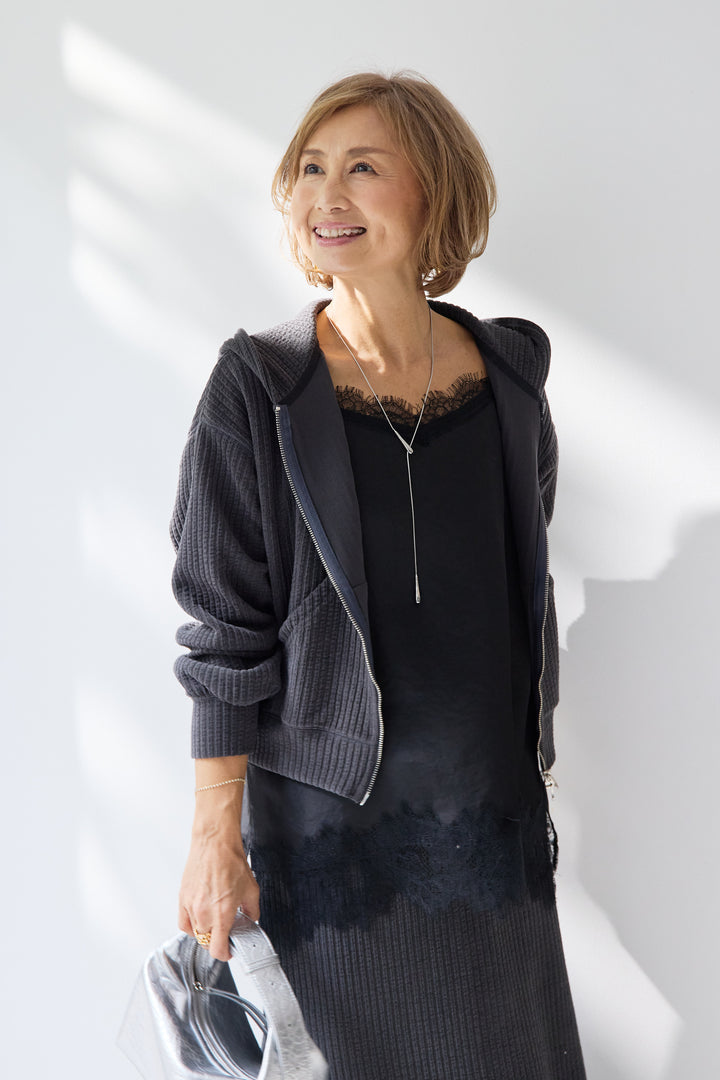 [SET]ソフトリブ フーディー+スカートセット+シルキーエリュール レースキャミソール(2set)