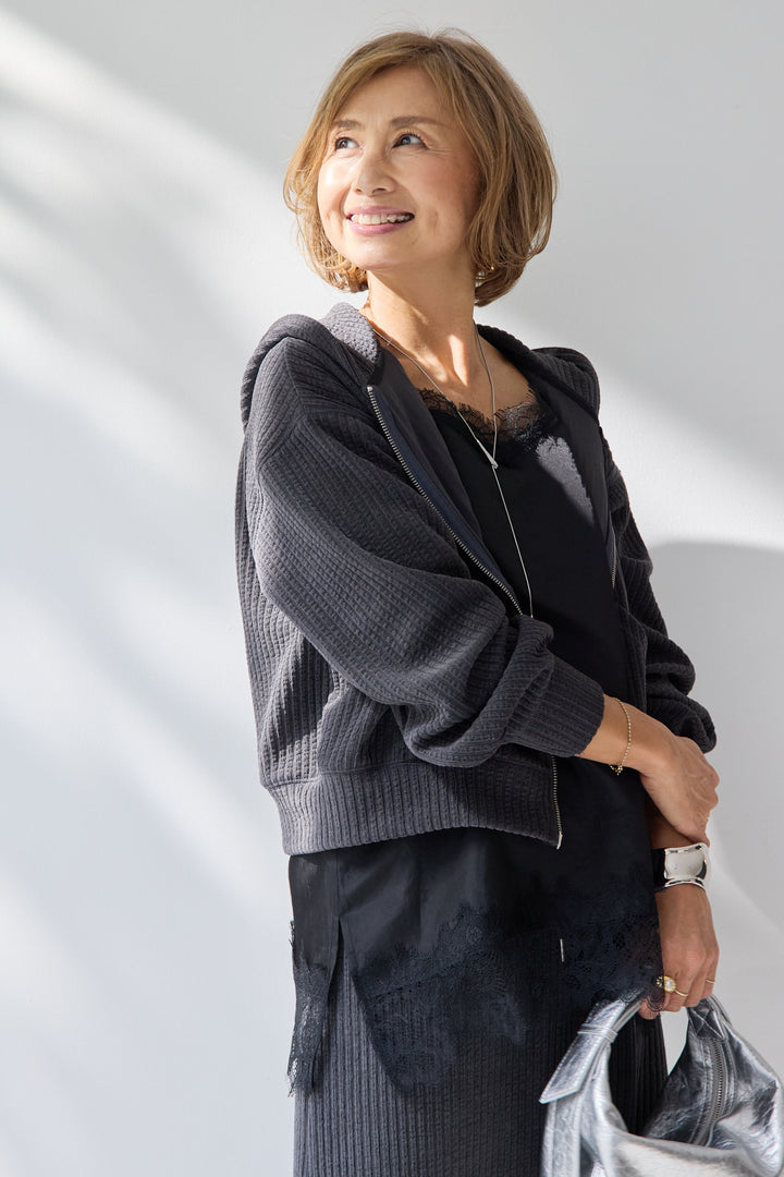 [SET]ソフトリブ フーディー+スカートセット+シルキーエリュール レースキャミソール(2set)