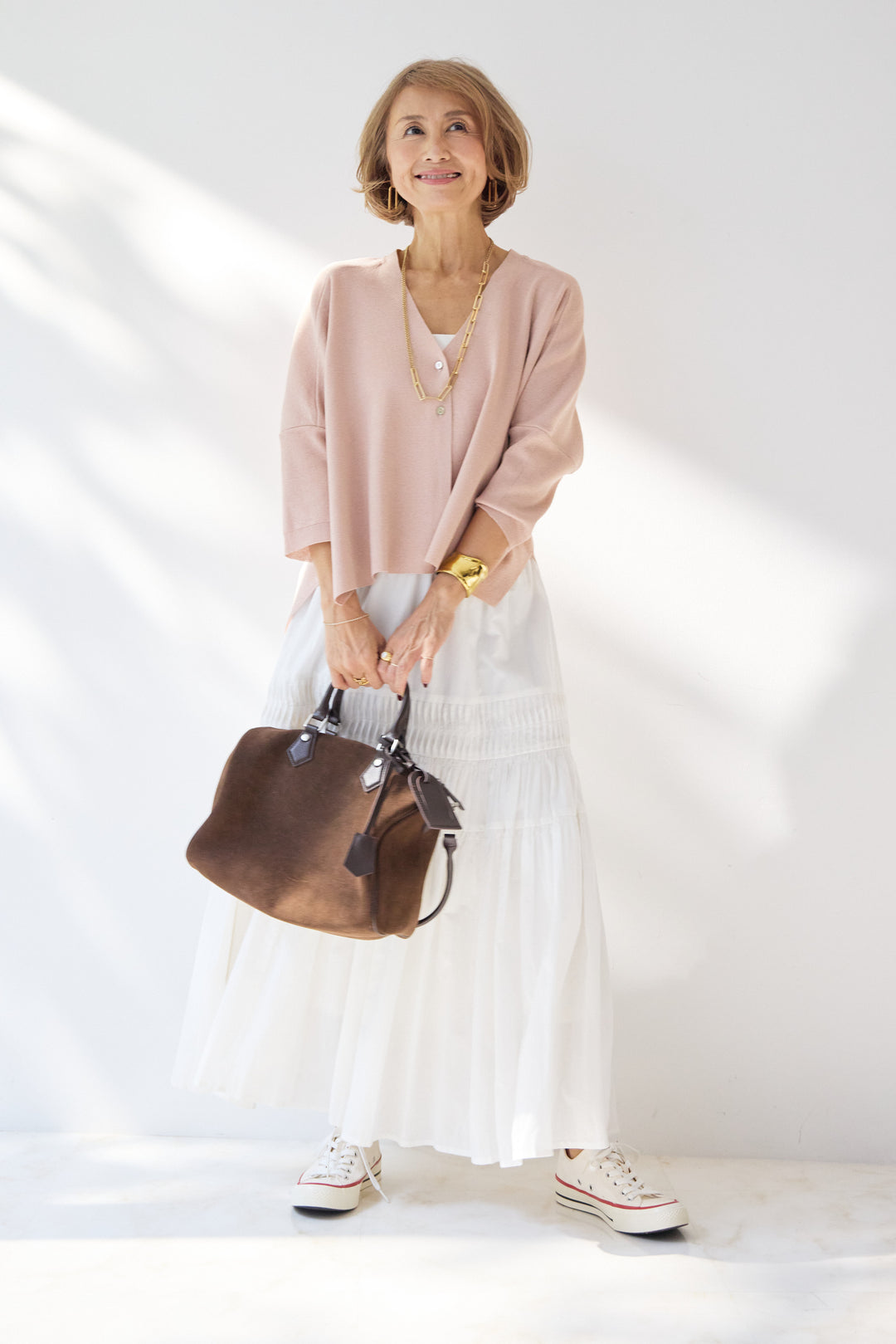 [SET]ウォッシャブルサラッとラメカーディガン+キャンブリックタックギャザースカート(2set)