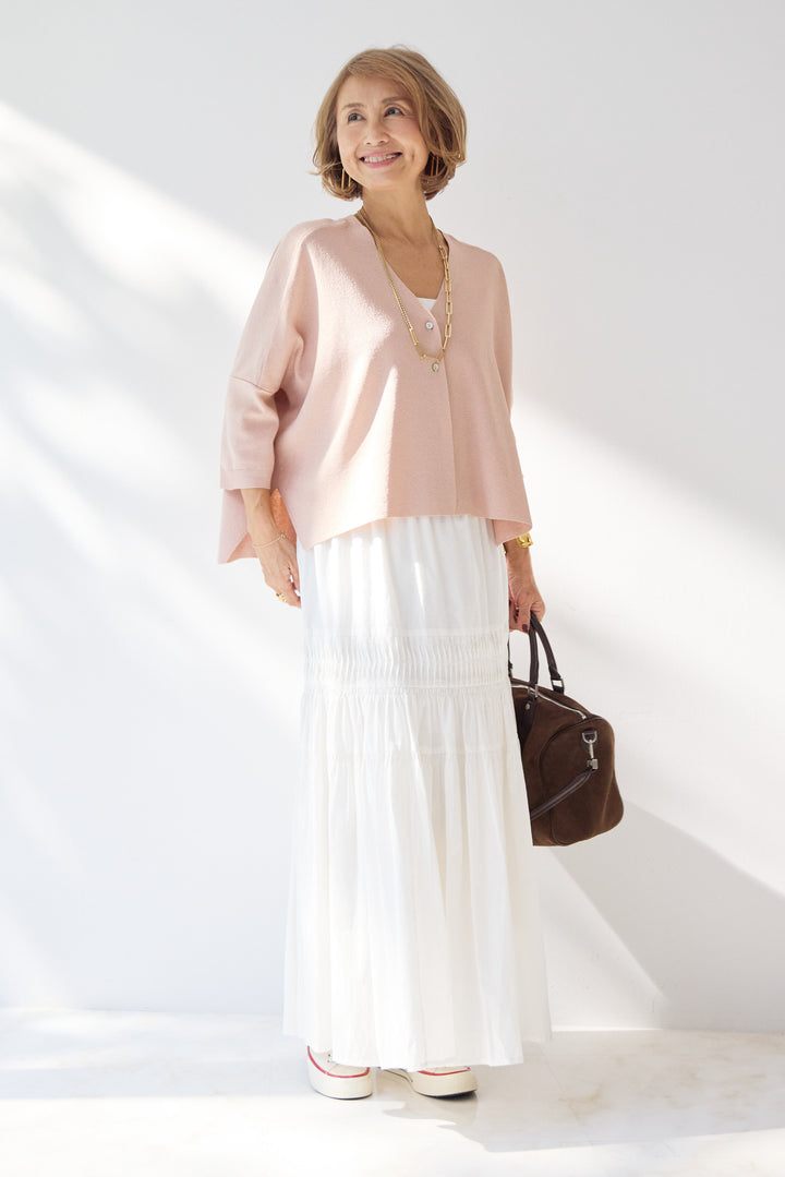 [SET]ウォッシャブルサラッとラメカーディガン+キャンブリックタックギャザースカート(2set)