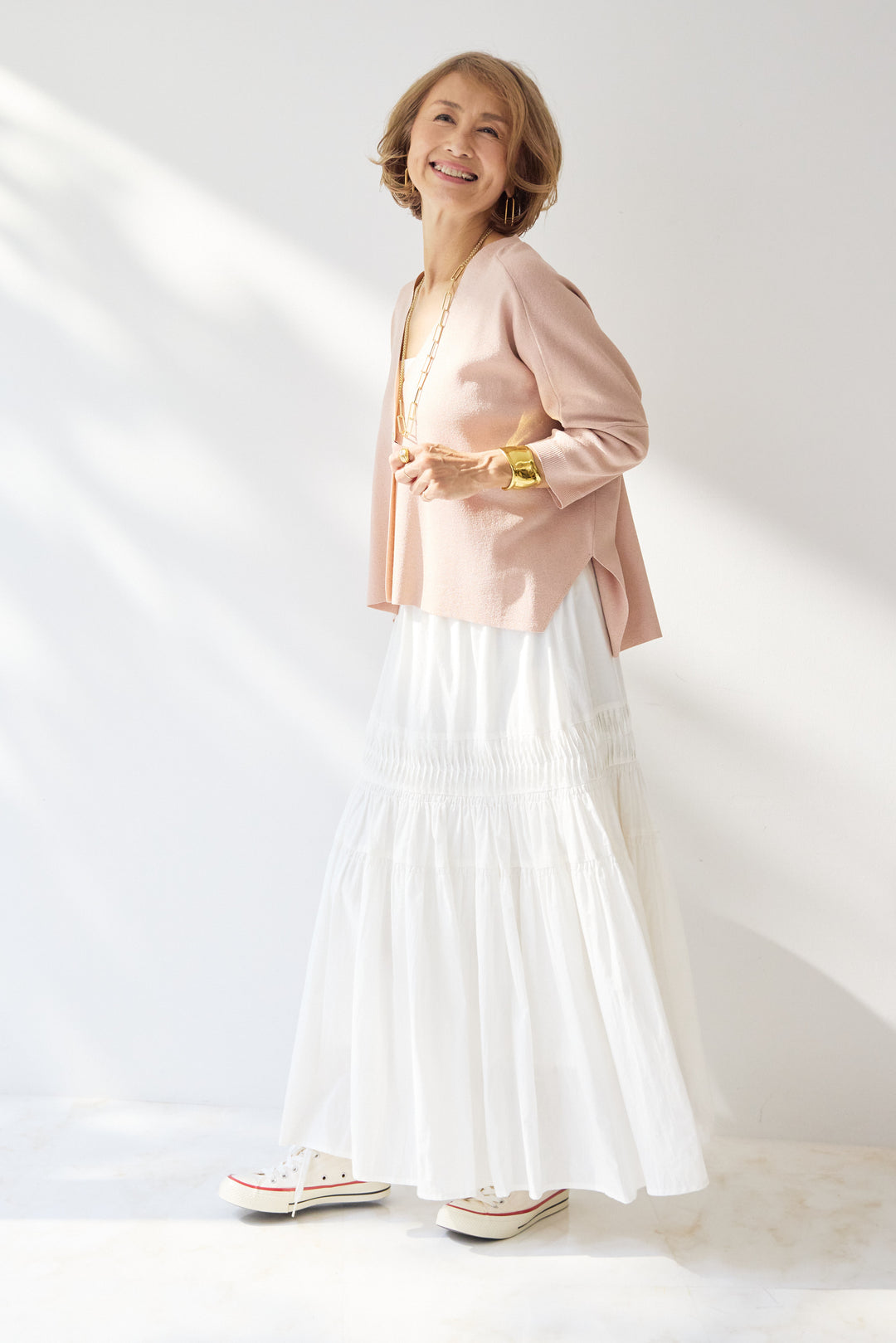 [SET]ウォッシャブルサラッとラメカーディガン+キャンブリックタックギャザースカート(2set)