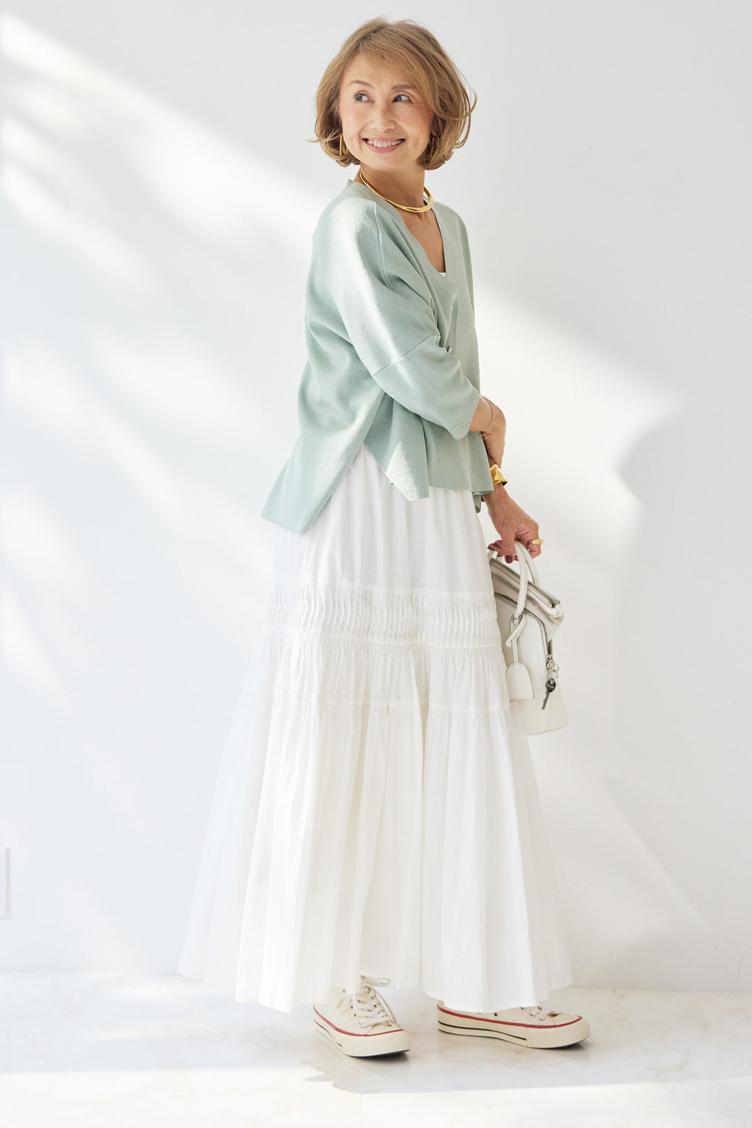 [SET]ウォッシャブルサラッとラメカーディガン+キャンブリックタックギャザースカート(2set)