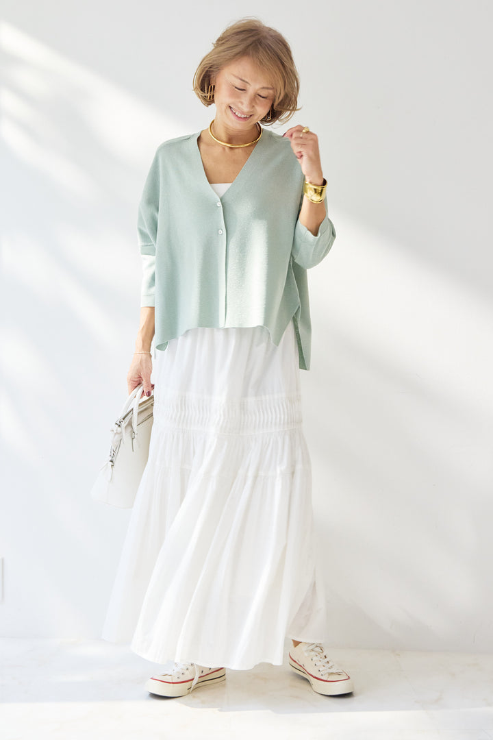 [SET]ウォッシャブルサラッとラメカーディガン+キャンブリックタックギャザースカート(2set)