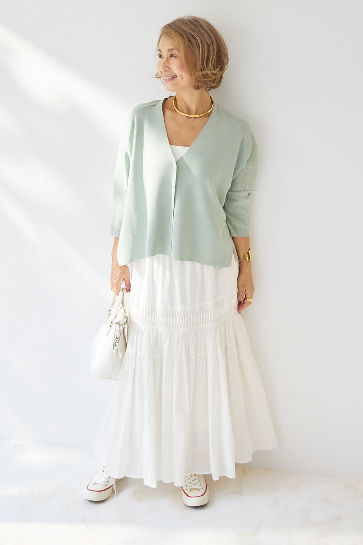 [SET]ウォッシャブルサラッとラメカーディガン+キャンブリックタックギャザースカート(2set)