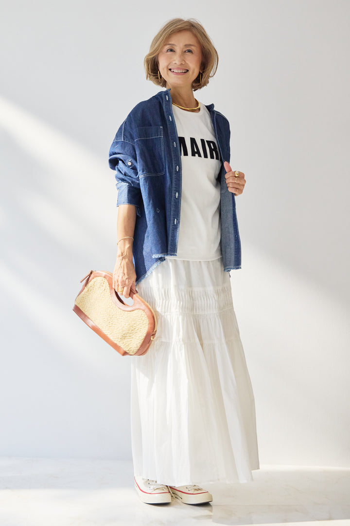 コットンデニムノーカラーシャツ