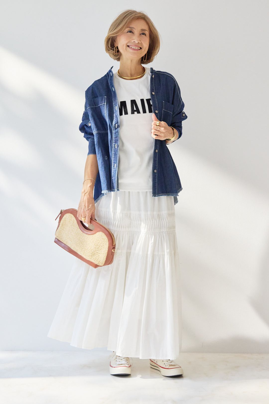 [SET]MAIRE フロッキーロゴTシャツ+キャンブリックタックギャザースカート(2set)