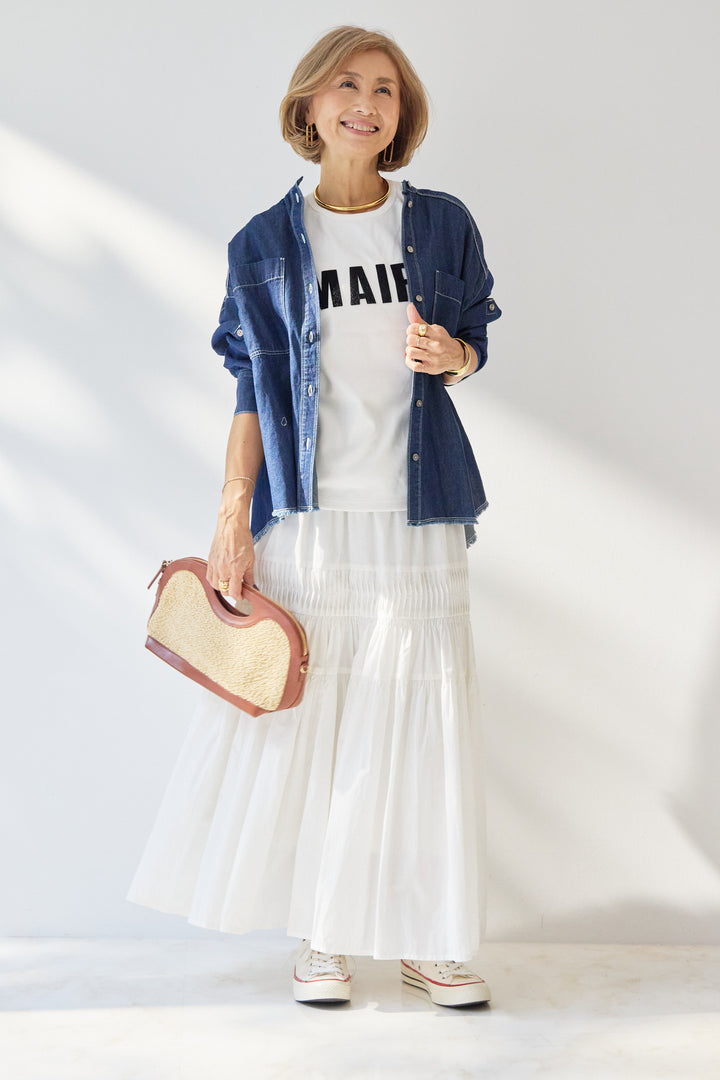 [SET]MAIRE フロッキーロゴTシャツ+キャンブリックタックギャザースカート+コットンデニムノーカラーシャツ(3set)