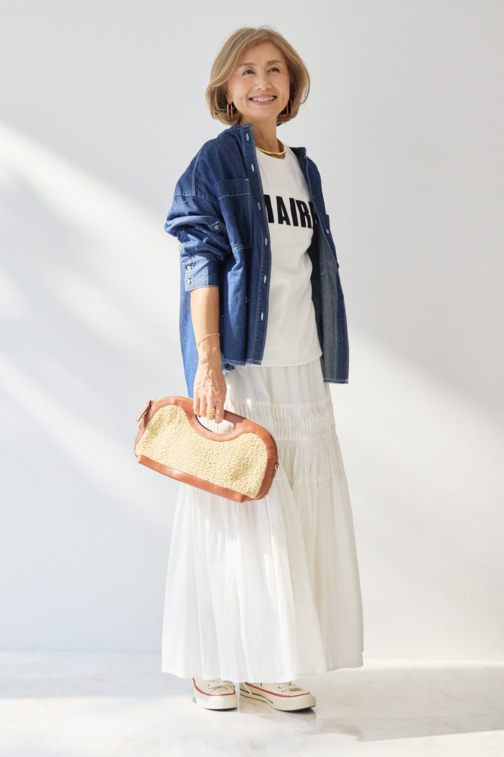 [SET]MAIRE フロッキーロゴTシャツ+キャンブリックタックギャザースカート+コットンデニムノーカラーシャツ(3set)