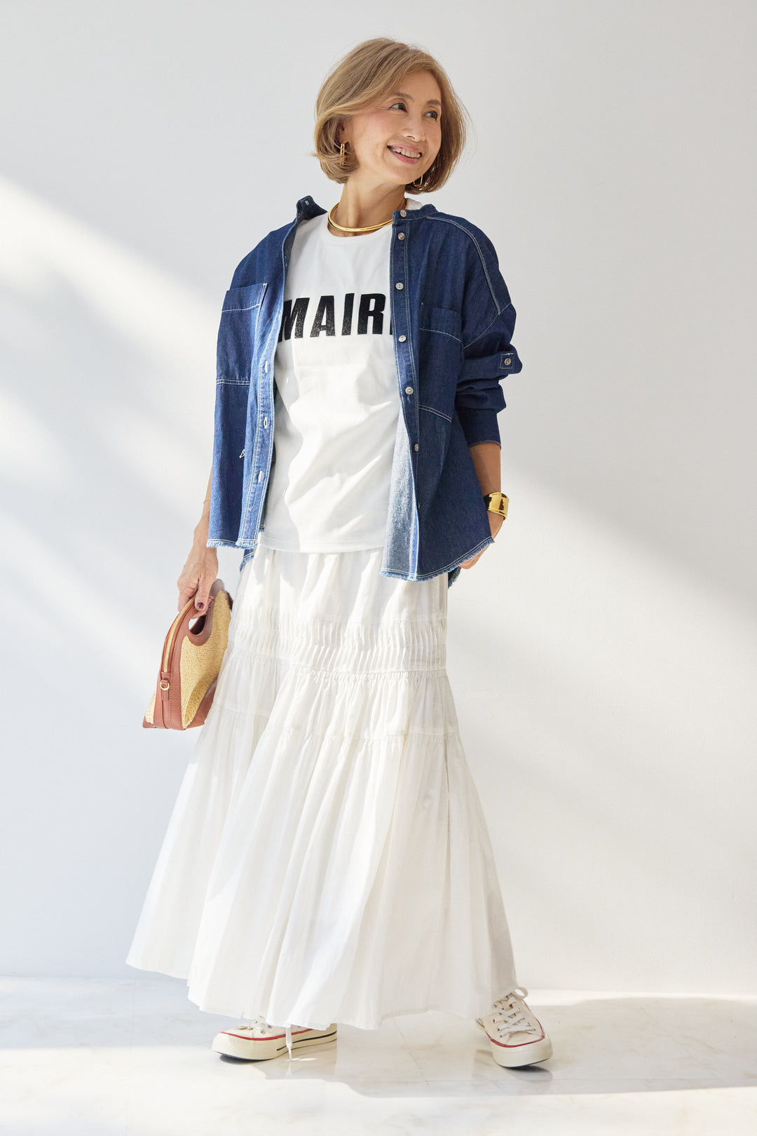 [SET]MAIRE フロッキーロゴTシャツ+キャンブリックタックギャザースカート+コットンデニムノーカラーシャツ(3set)