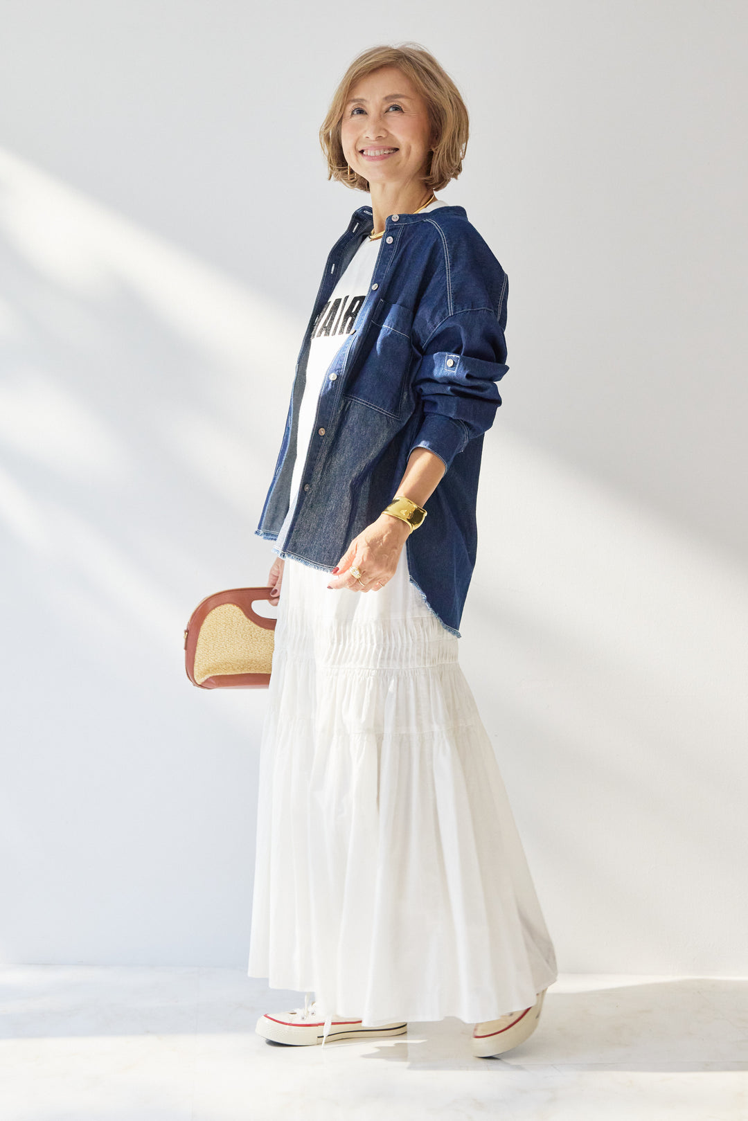 [SET]MAIRE フロッキーロゴTシャツ+キャンブリックタックギャザースカート+コットンデニムノーカラーシャツ(3set)