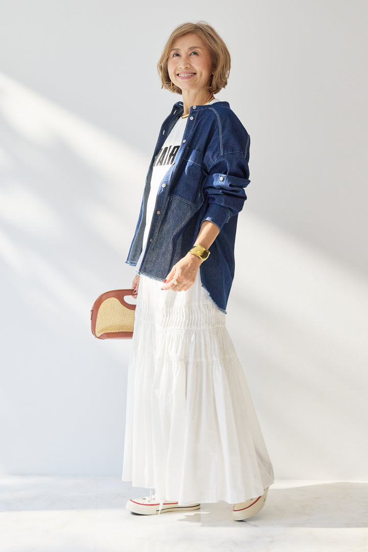 [SET]MAIRE フロッキーロゴTシャツ+キャンブリックタックギャザースカート+コットンデニムノーカラーシャツ(3set)