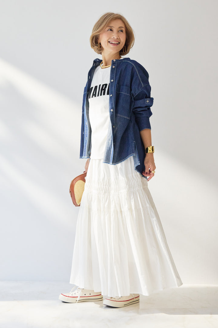 [SET]MAIRE フロッキーロゴTシャツ+キャンブリックタックギャザースカート+コットンデニムノーカラーシャツ(3set)