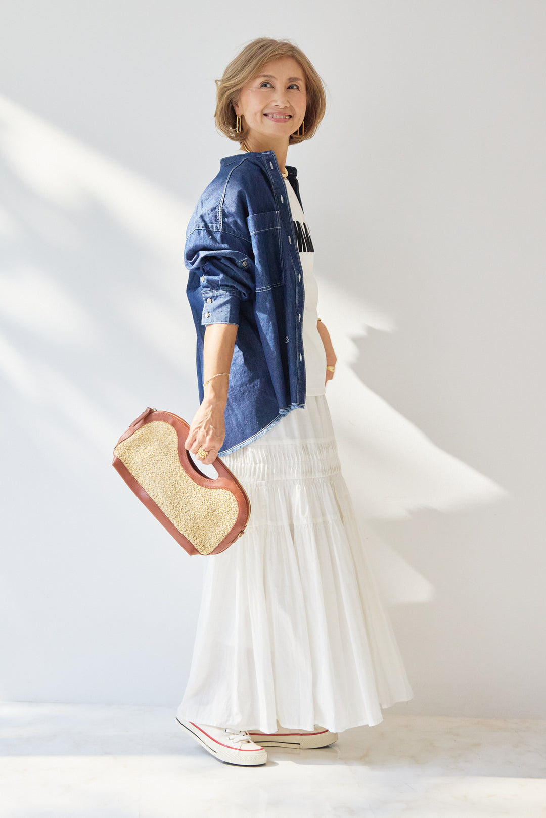 コットンデニムノーカラーシャツ